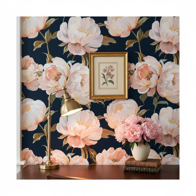 Dark Navy Peony Wallpaper Peel and Stick, Blush Pink Floral Maximalist Wallpaper