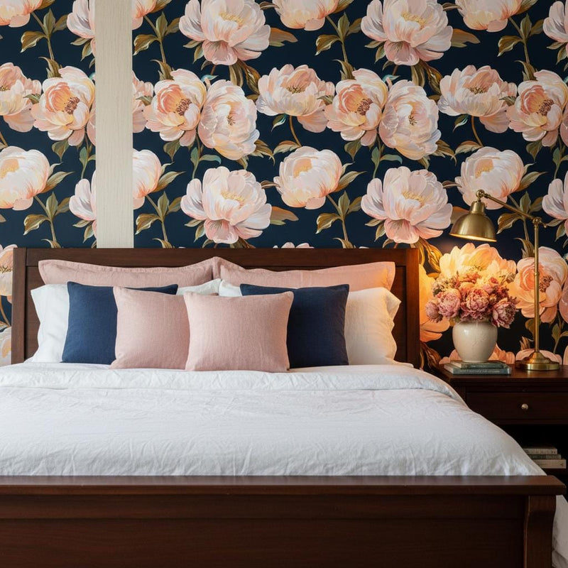 Dark Navy Peony Wallpaper Peel and Stick, Blush Pink Floral Maximalist Wallpaper