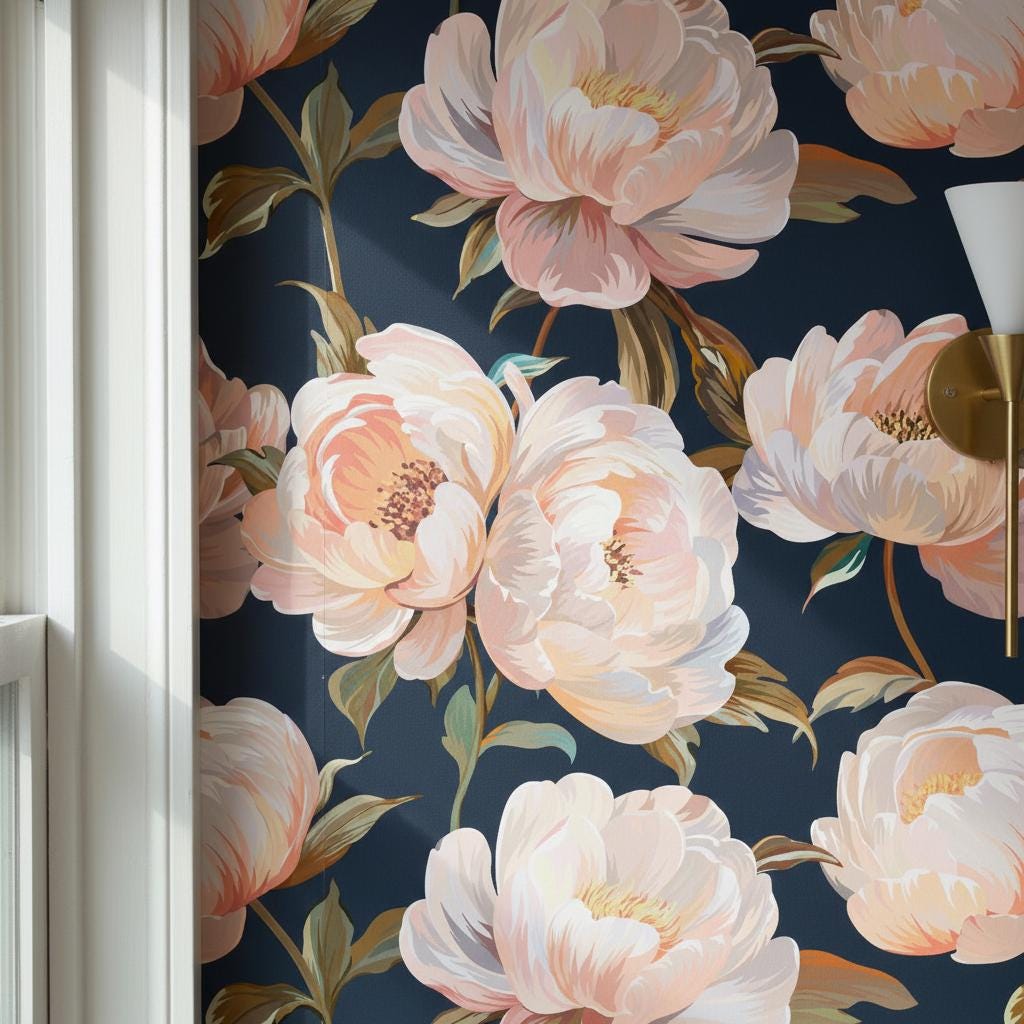 Dark Navy Peony Wallpaper Peel and Stick, Blush Pink Floral Maximalist Wallpaper