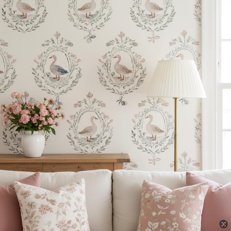 French Country Goose Wallpaper Peel and Stick, Toile Medallion Floral Wallpaper, Grandmillennial Wall Decor