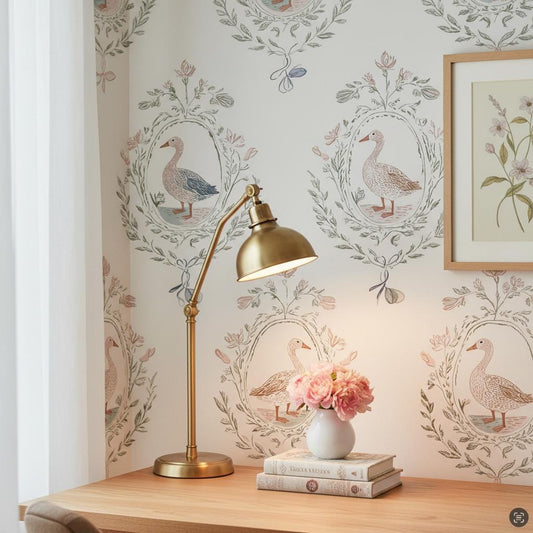 French Country Goose Wallpaper Peel and Stick, Toile Medallion Floral Wallpaper, Grandmillennial Wall Decor