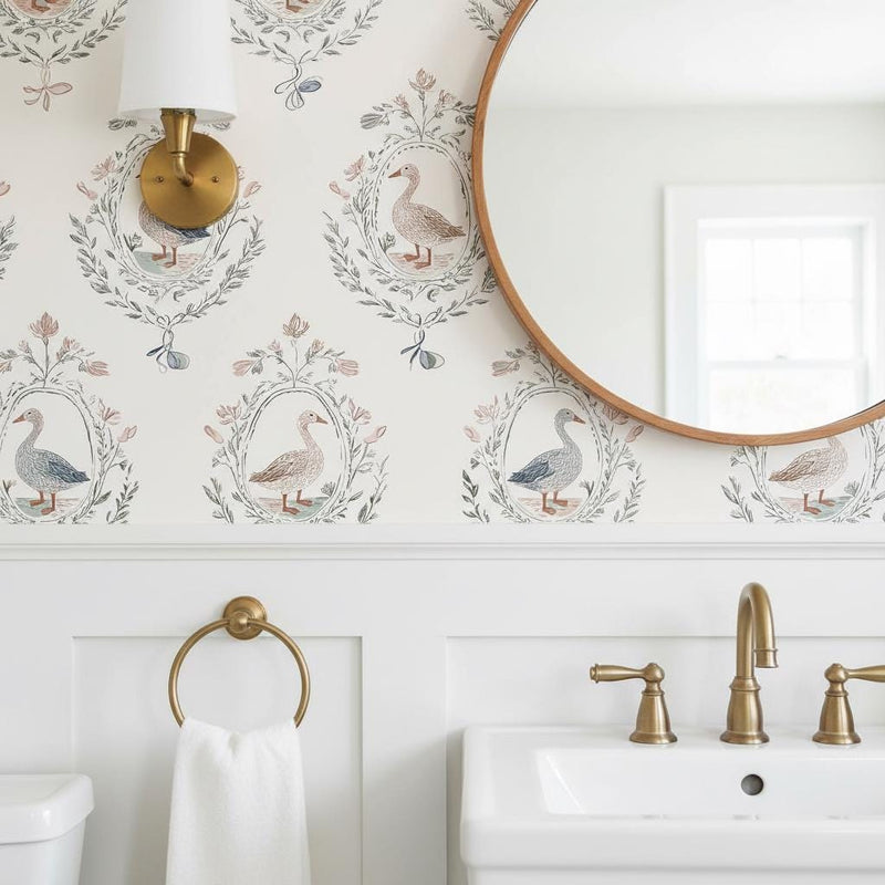 French Country Goose Wallpaper Peel and Stick, Toile Medallion Floral Wallpaper, Grandmillennial Wall Decor