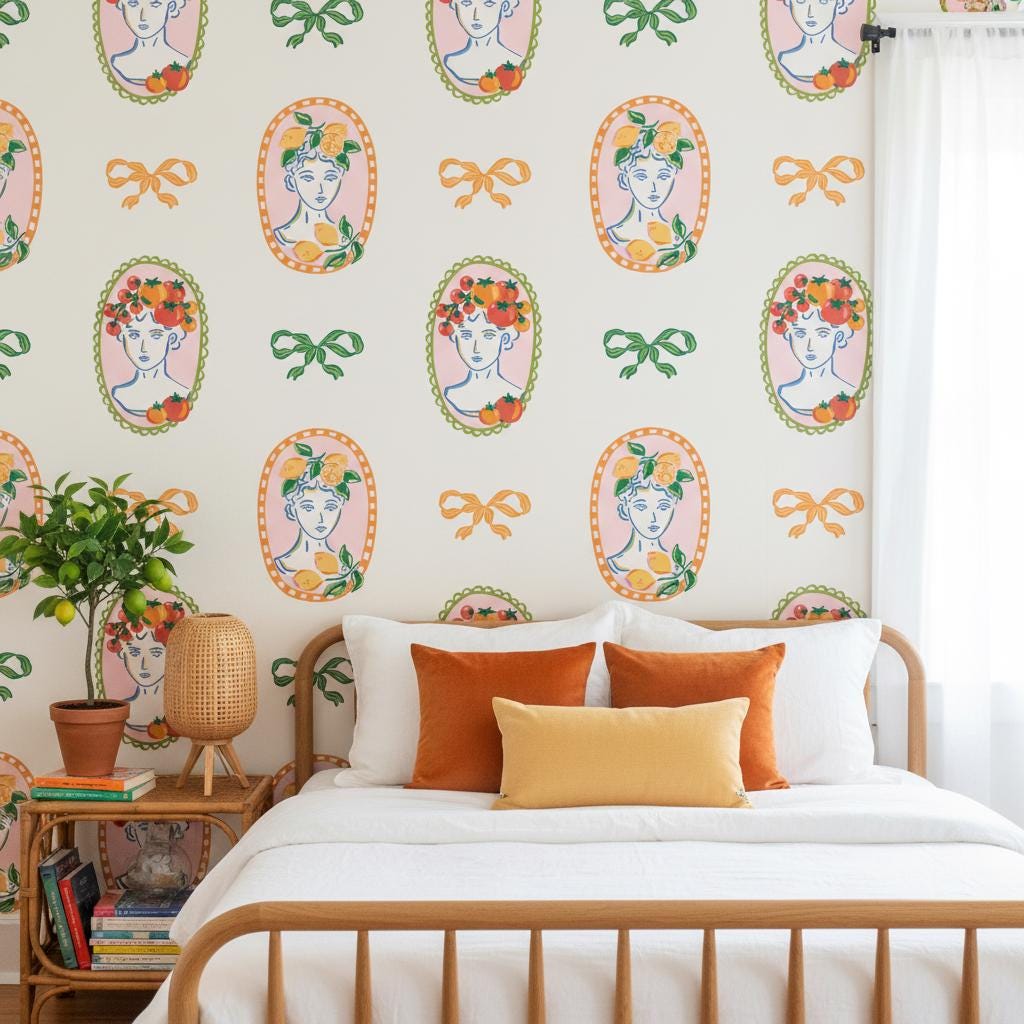 Fancy Wallpaper Peel and Stick, Whimsical Italian Cameo Portrait