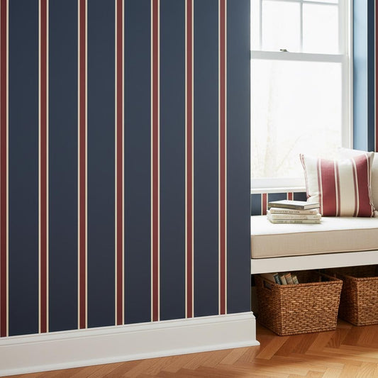 Navy stripe peel and stick or traditional wallpaper
