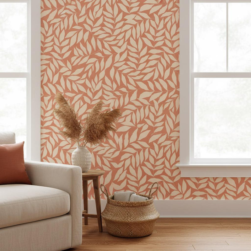Terracotta leaf peel and stick or traditional  wallpaper