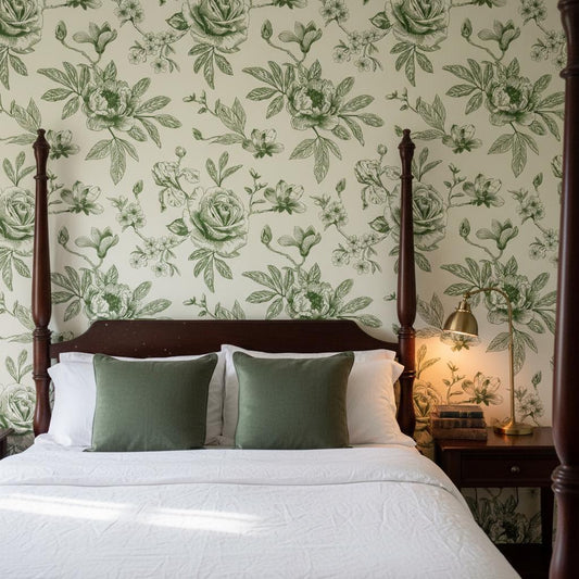 Green Toile Wallpaper Peel and Stick, Botanical Wallpaper