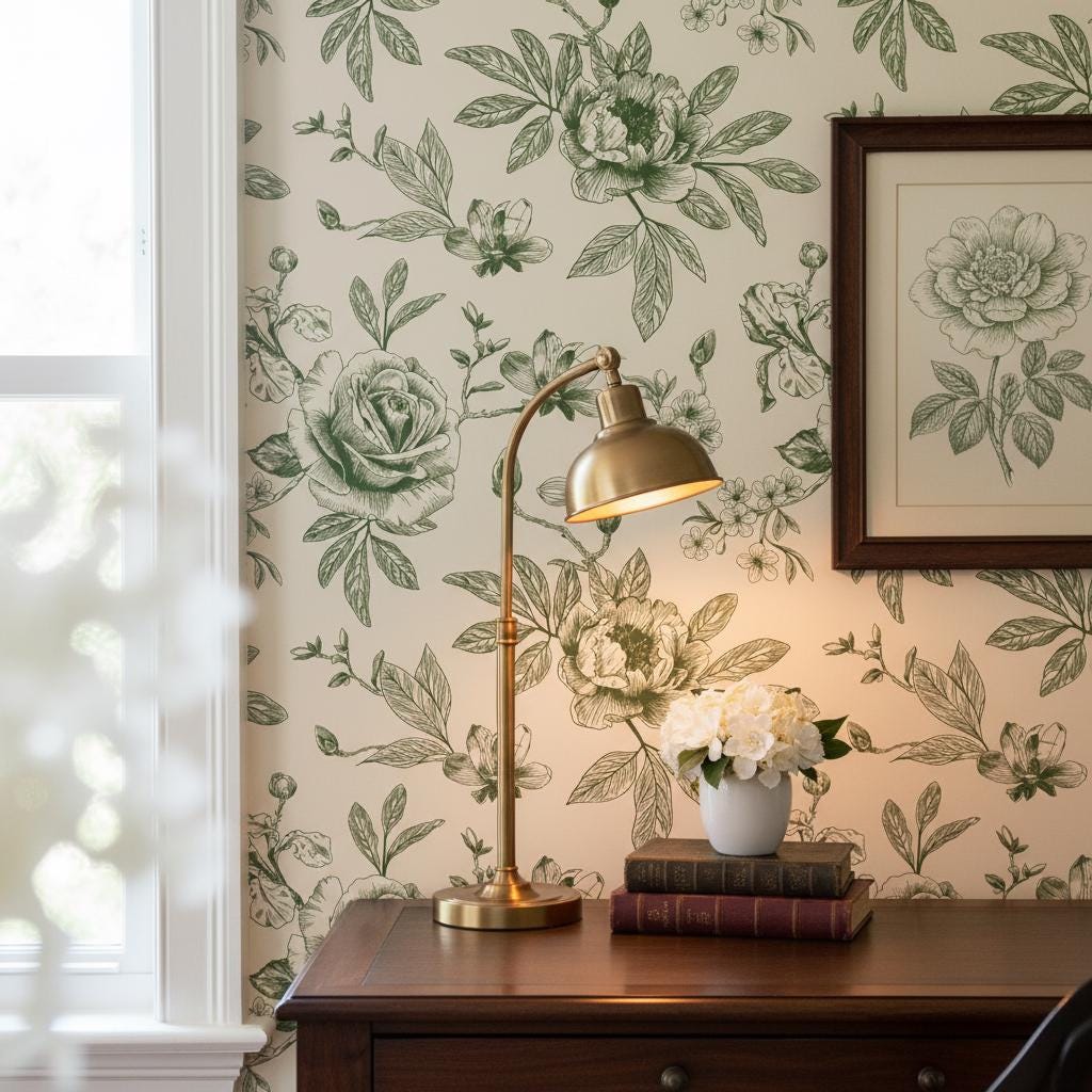 Green Toile Wallpaper Peel and Stick, Botanical Wallpaper
