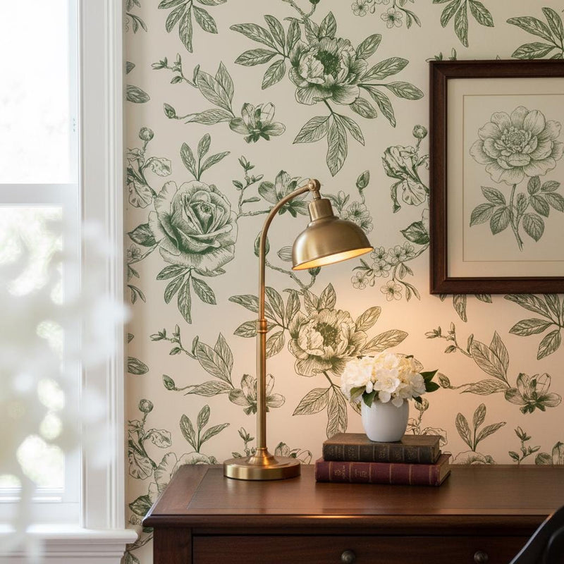 Green Toile Wallpaper Peel and Stick, Botanical Wallpaper