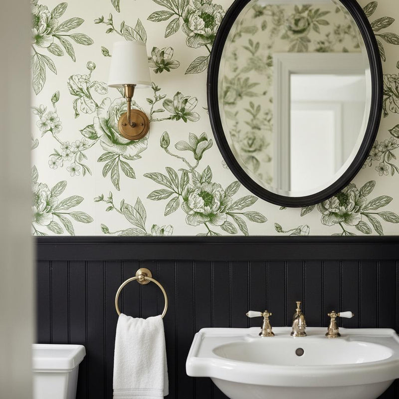 Green Toile Wallpaper Peel and Stick, Botanical Wallpaper