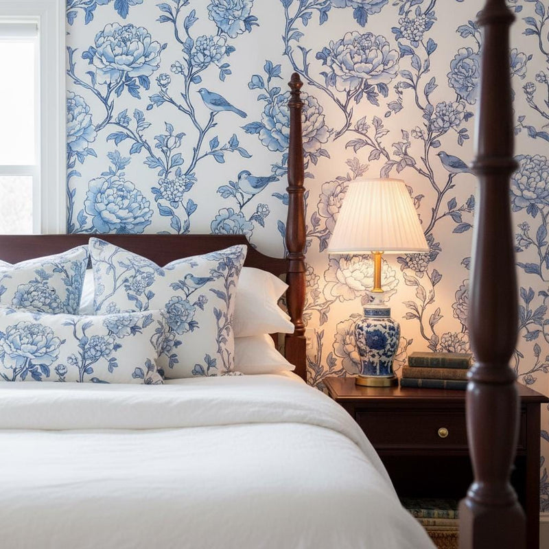 Blue Peony Wallpaper Peel and Stick or Classic, Chinoiserie Bird