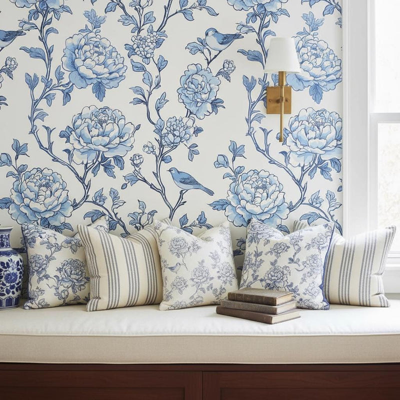 Blue Peony Wallpaper Peel and Stick or Classic, Chinoiserie Bird