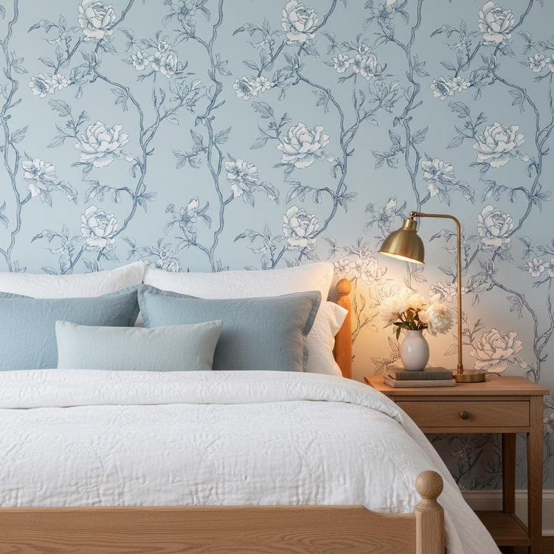 Blue Toile Wallpaper Peel and Stick, Romantic Wall Decor