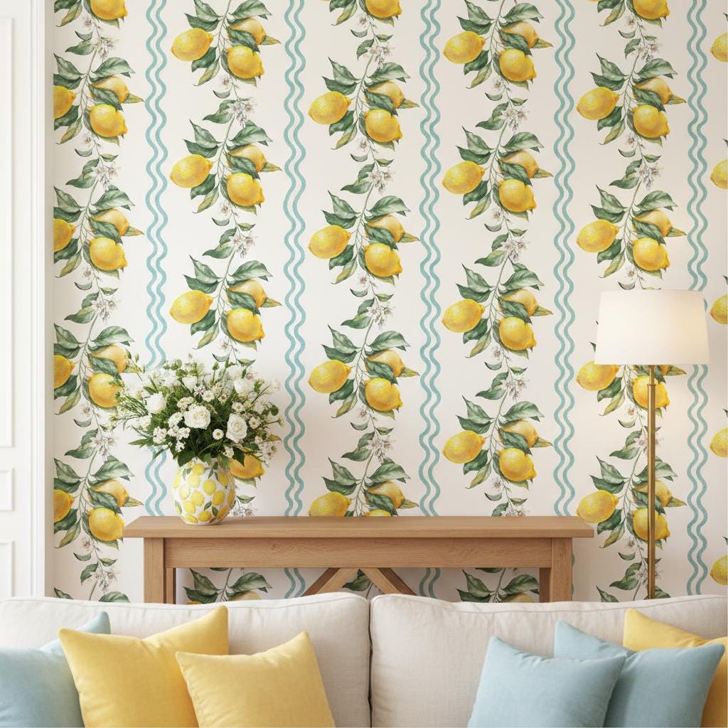 Lemon Wallpaper Peel and Stick, Amalfi Coast Stripe Wallpaper, Kitchen Wall Decor