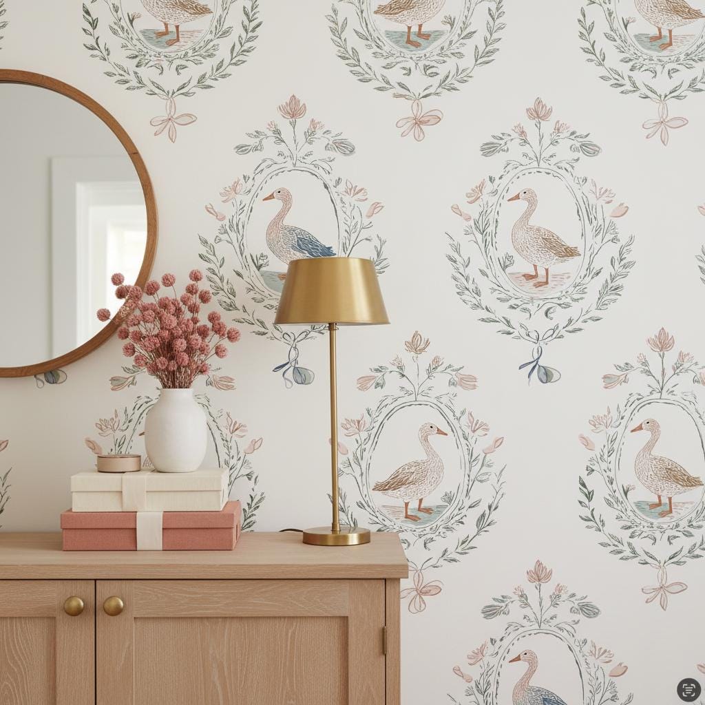 French Country Goose Wallpaper Peel and Stick, Toile Medallion Floral Wallpaper, Grandmillennial Wall Decor