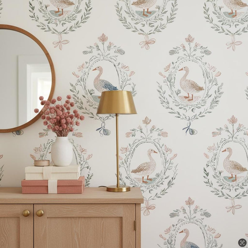 French Country Goose Wallpaper Peel and Stick, Toile Medallion Floral Wallpaper, Grandmillennial Wall Decor