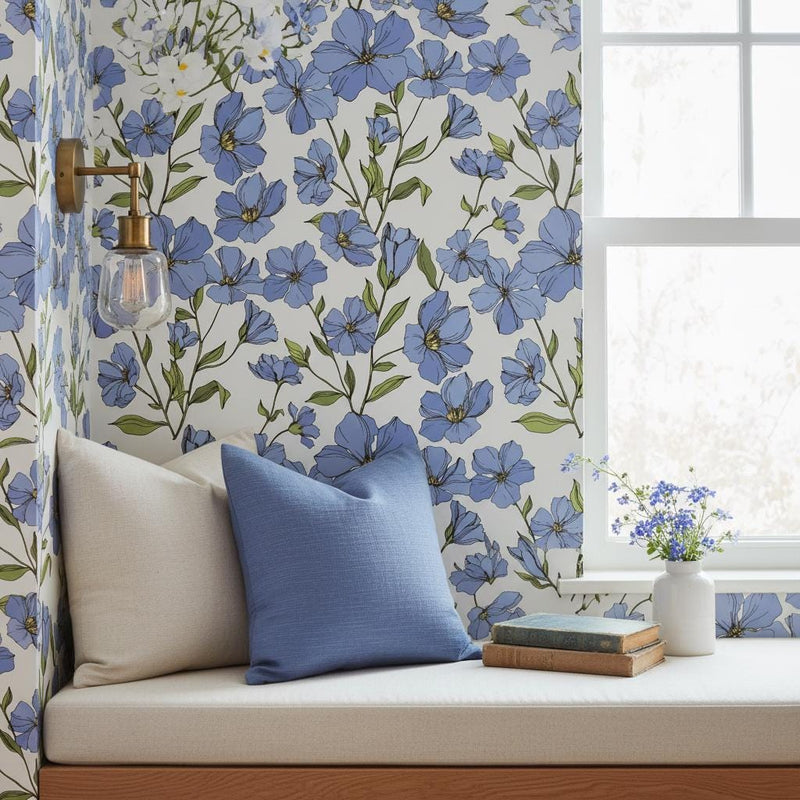 Blue Floral Wallpaper Peel and Stick or classic