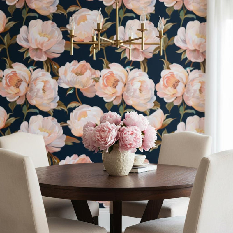 Dark Navy Peony Wallpaper Peel and Stick, Blush Pink Floral Maximalist Wallpaper