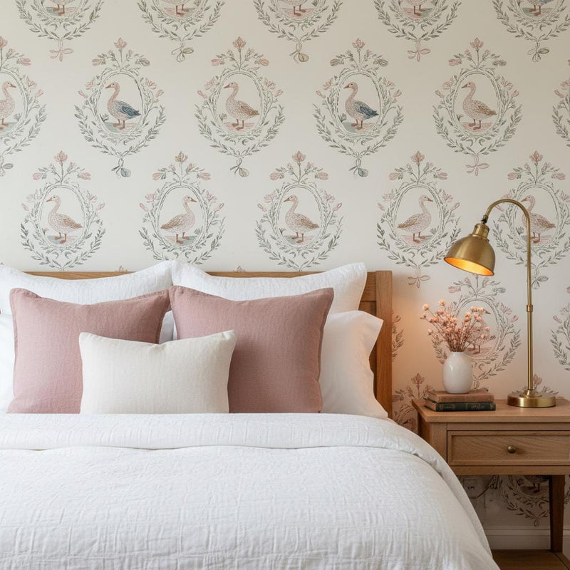 French Country Goose Wallpaper Peel and Stick, Toile Medallion Floral Wallpaper, Grandmillennial Wall Decor