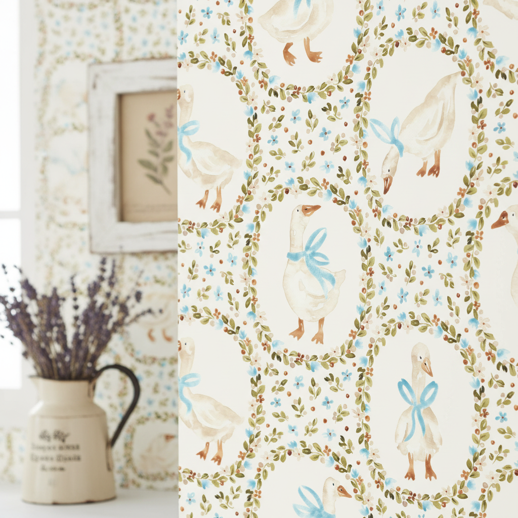 Whimsical Goose Wallpaper Floral Wreaths | Farmhouse Nursery Decor | Cottage Kids Room | Peel and Stick