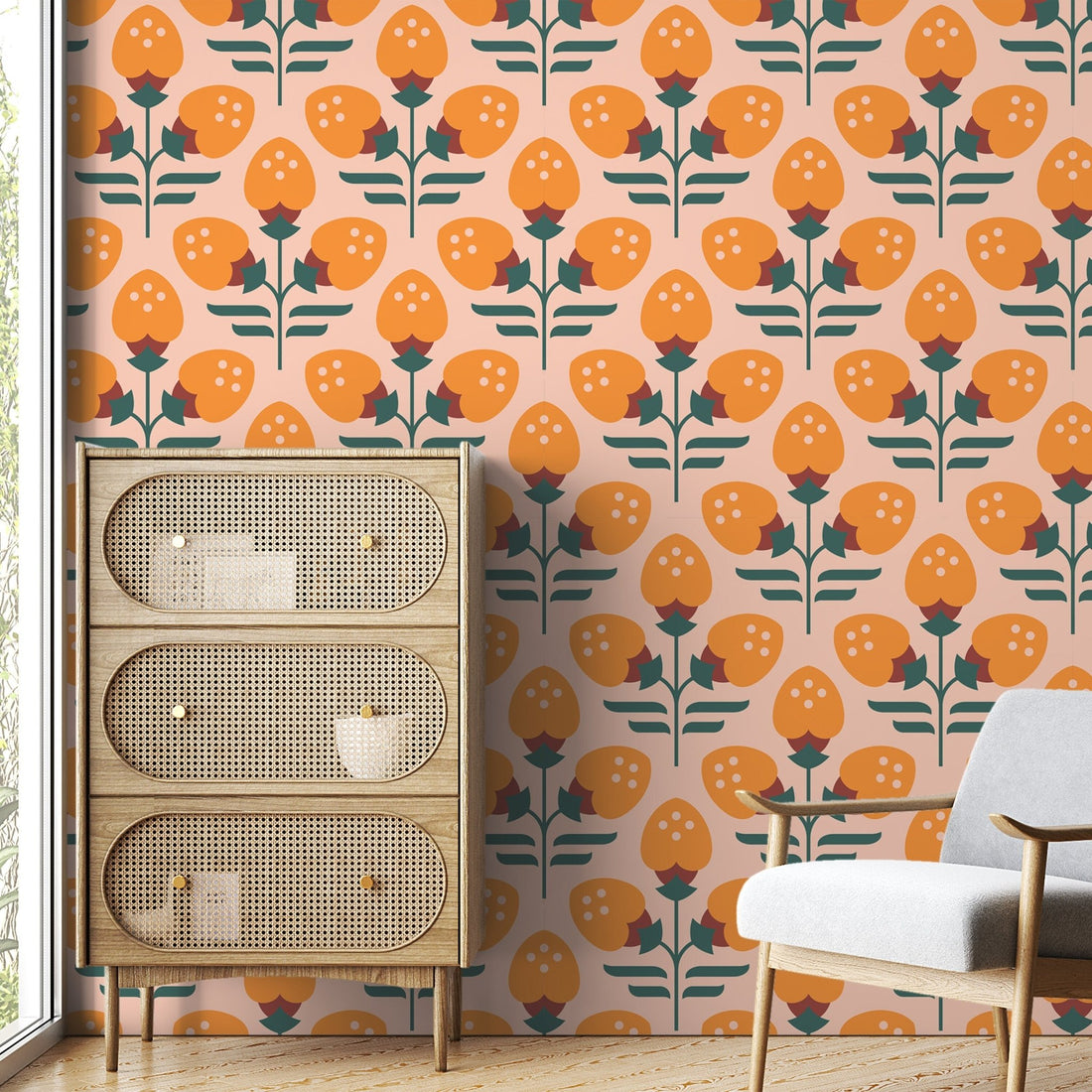 Retro Geometric Wallpaper, Funky 70s Orange wallpaper, Mid Century peel ...