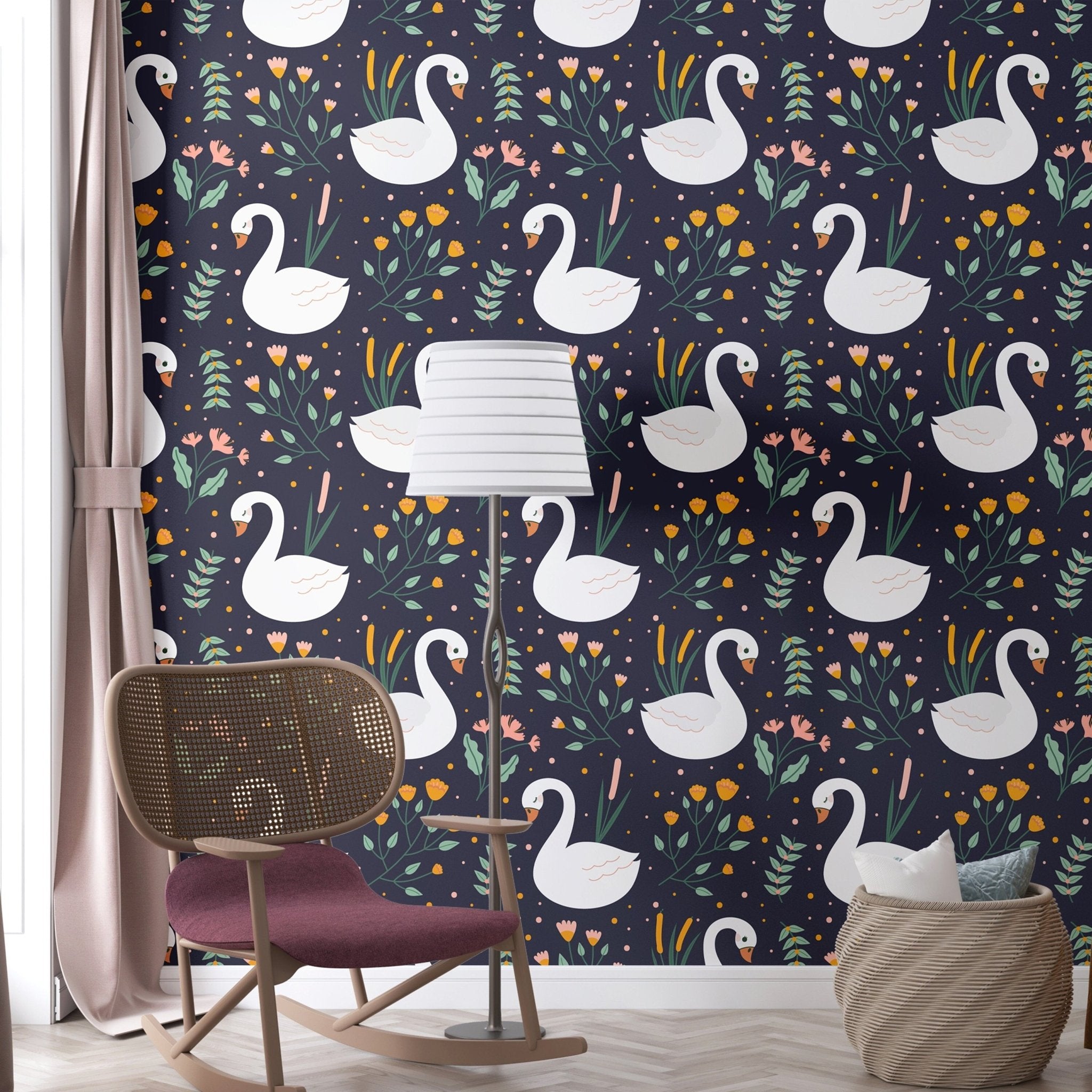 Vintage Nursery Wallpaper Swan Wall Mural, Peel and Stick or ...
