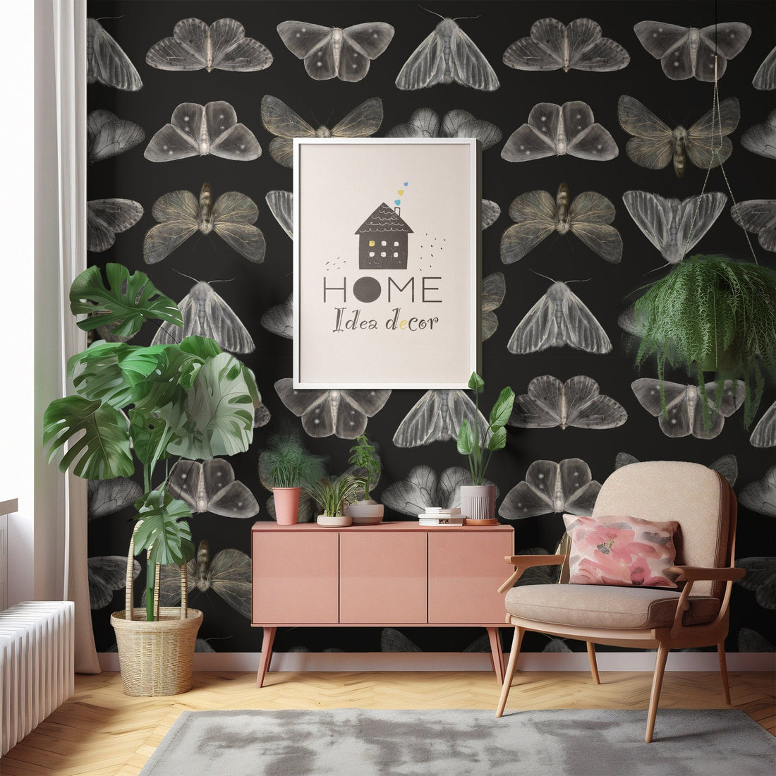vintage wallpaper moths and butterflies, dark wall mural with butterfly ...
