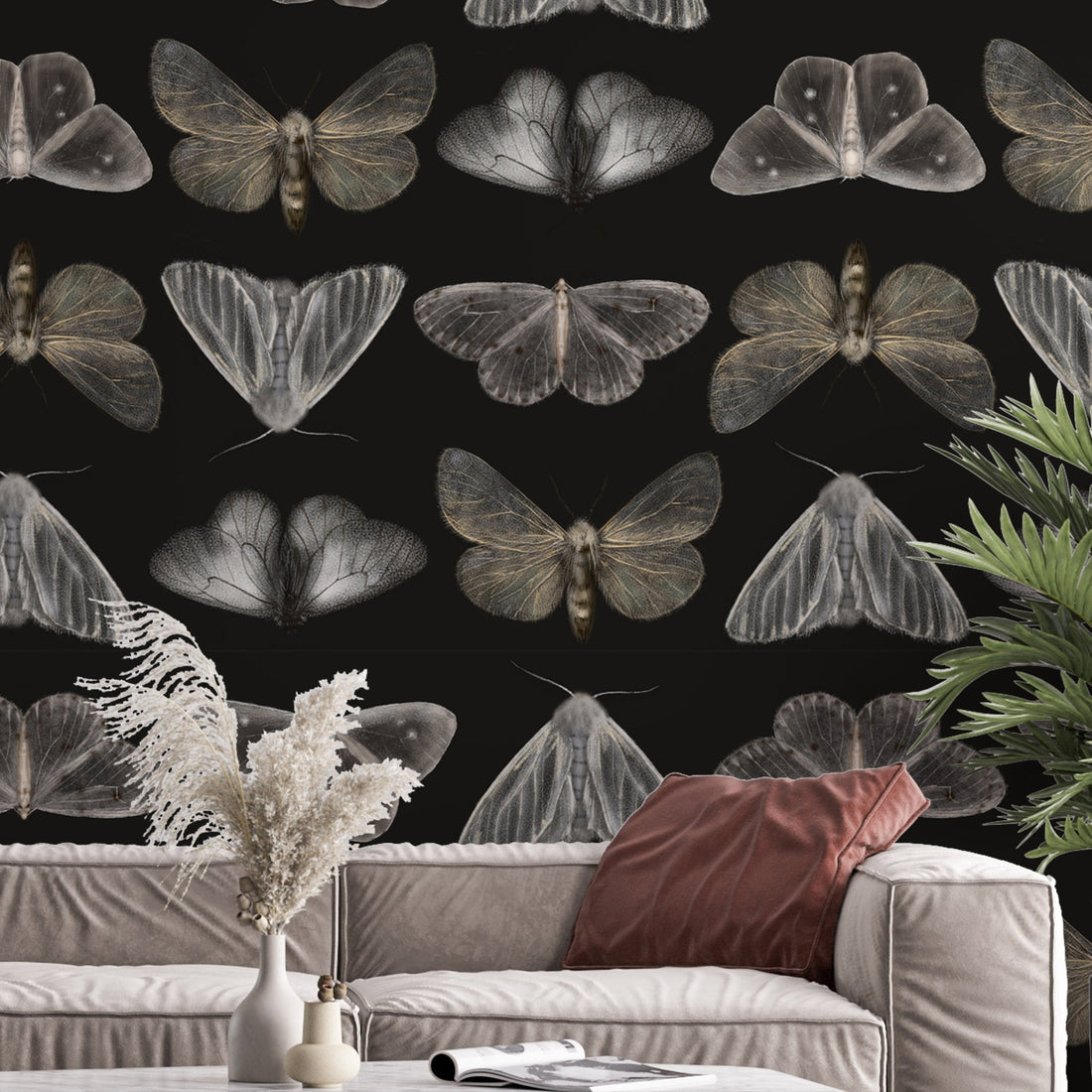 vintage wallpaper moths and butterflies, dark wall mural with butterfly ...