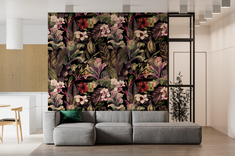 Dark Floral Wallpaper Tropical Flowers Wallpaper Peel and Stick Wall mural Removable Wallpaper - Scandi Home 