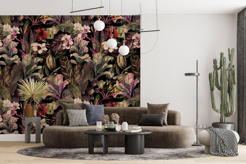 Dark Floral Wallpaper Tropical Flowers Wallpaper Peel and Stick Wall mural Removable Wallpaper - Scandi Home 