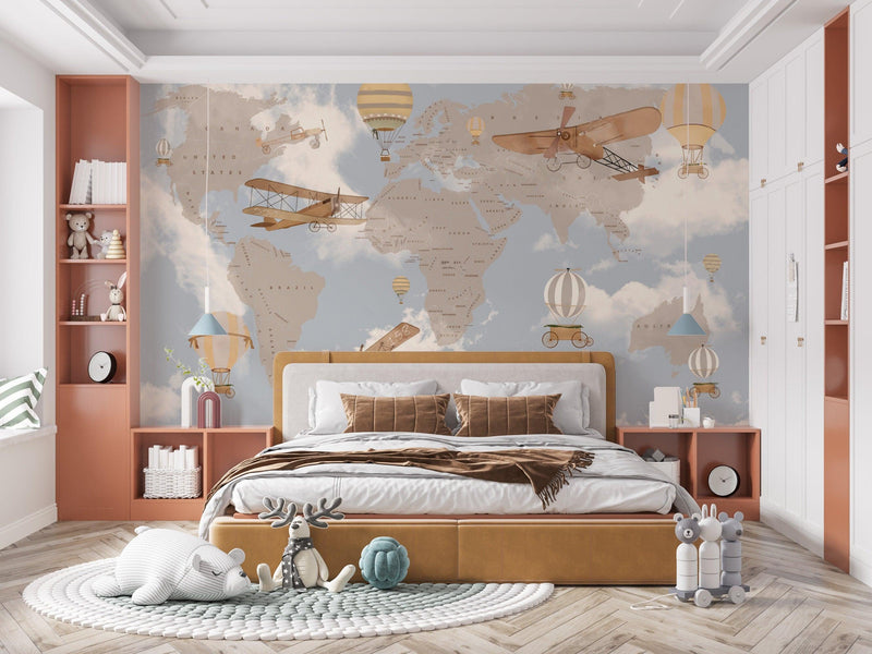 Kids World Map Wallpaper World Map Wall Mural Hot Balloon Nursery Decor Peel and stick wallpaper - Scandi Home 