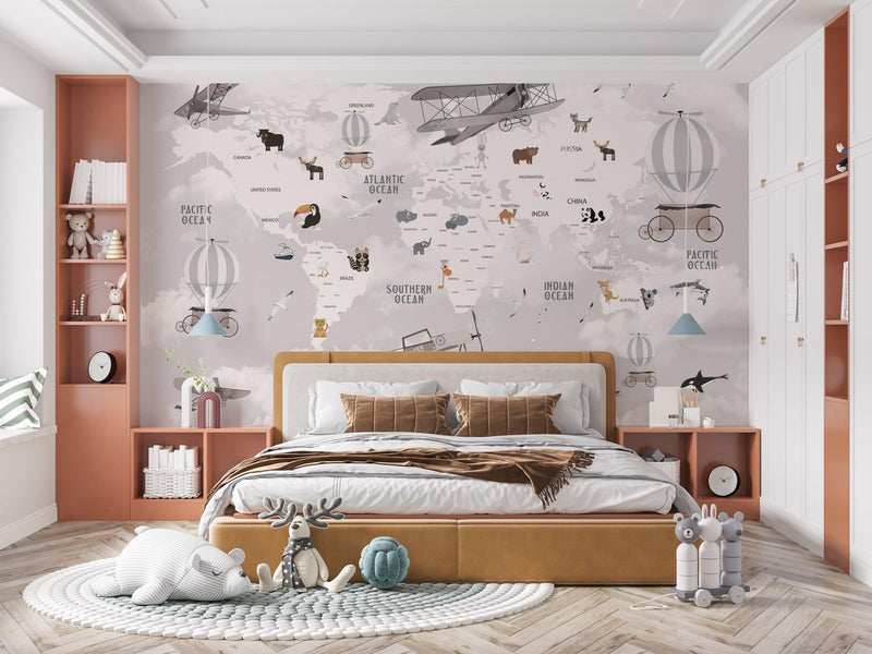 Kids World Map Wallpaper Nursery Wall Mural Peel and stick wallpaper - Scandi Home 