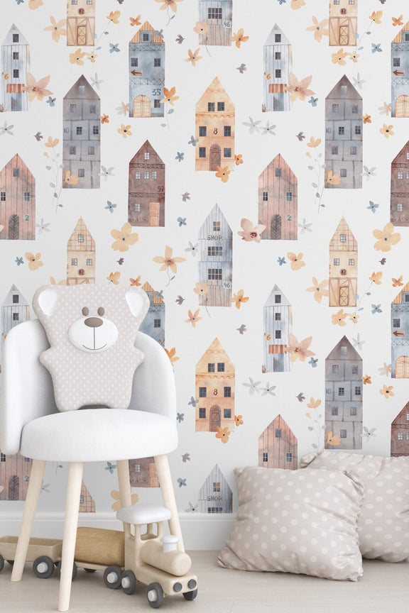 Kids room wallpaper peel and stick, cute houses nursery removable wall ...