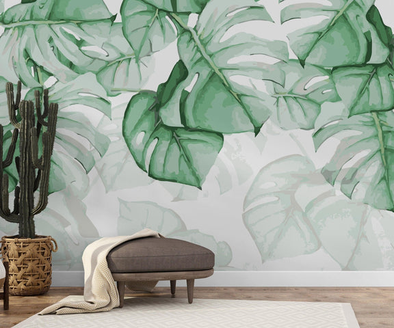 monstera leaf mural Monstera Leaf Wallpaper Botanical Wall Mural Peel and stick Wallpaper