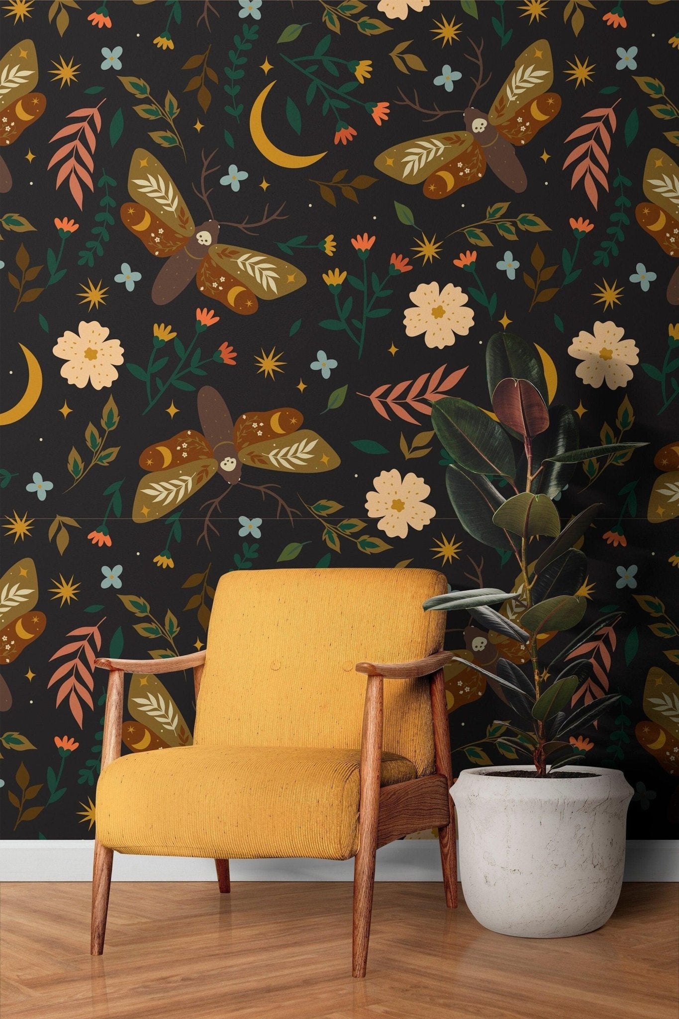 Wallpaper moth and butterflies peel and stick wallpaper dark botanical ...